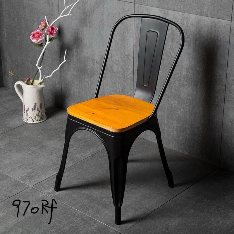 Industrial Metal Dining Chair with Wooden Seat